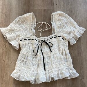 Urban Outfitters Cream Lace Blouse with Black Tie